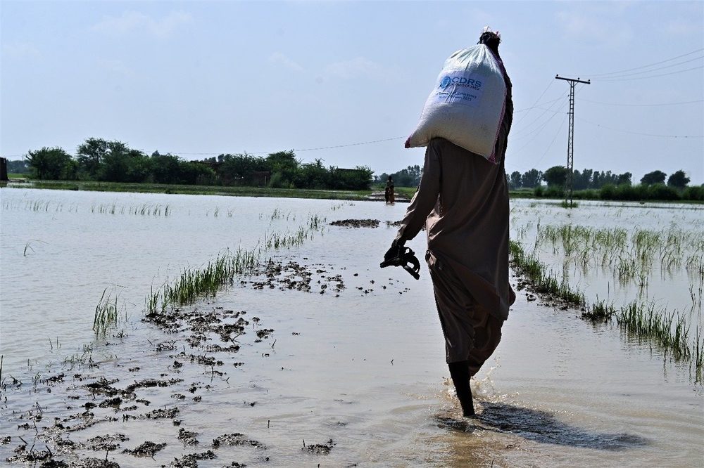 A man carrying a CDRS ration pack home through the flood