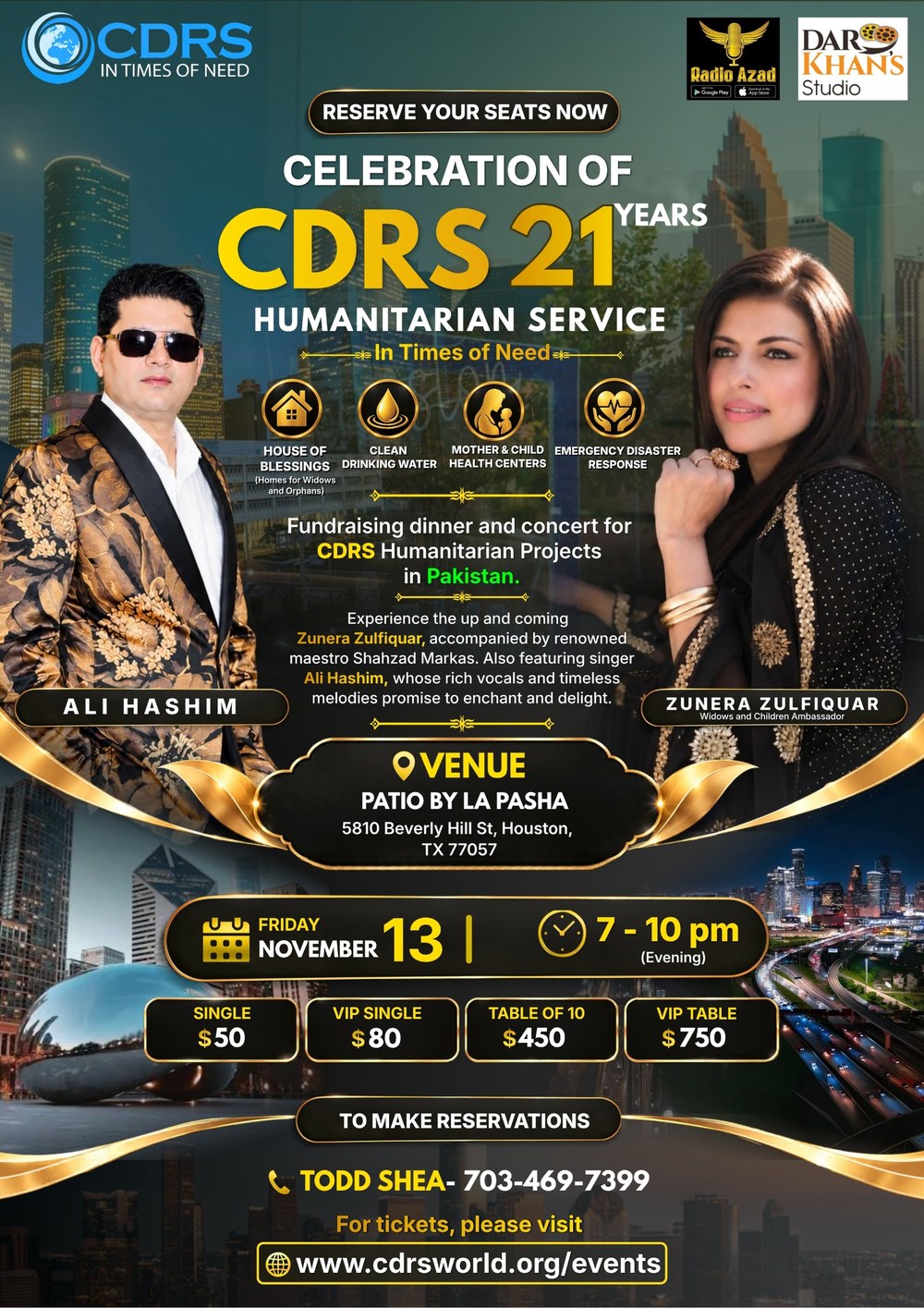 Flyer for the CDRS 21 years celebration at Patio by La Pasha in Houston, Texas