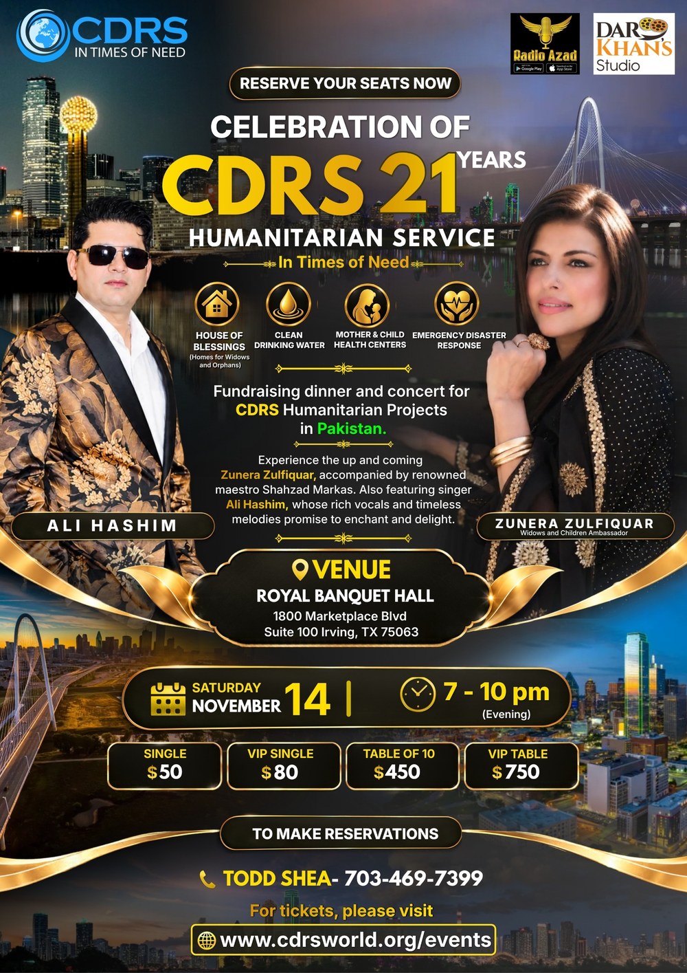 Flyer for the CDRS 21 years celebration at Royal Banquet Hall in Irving, Texas