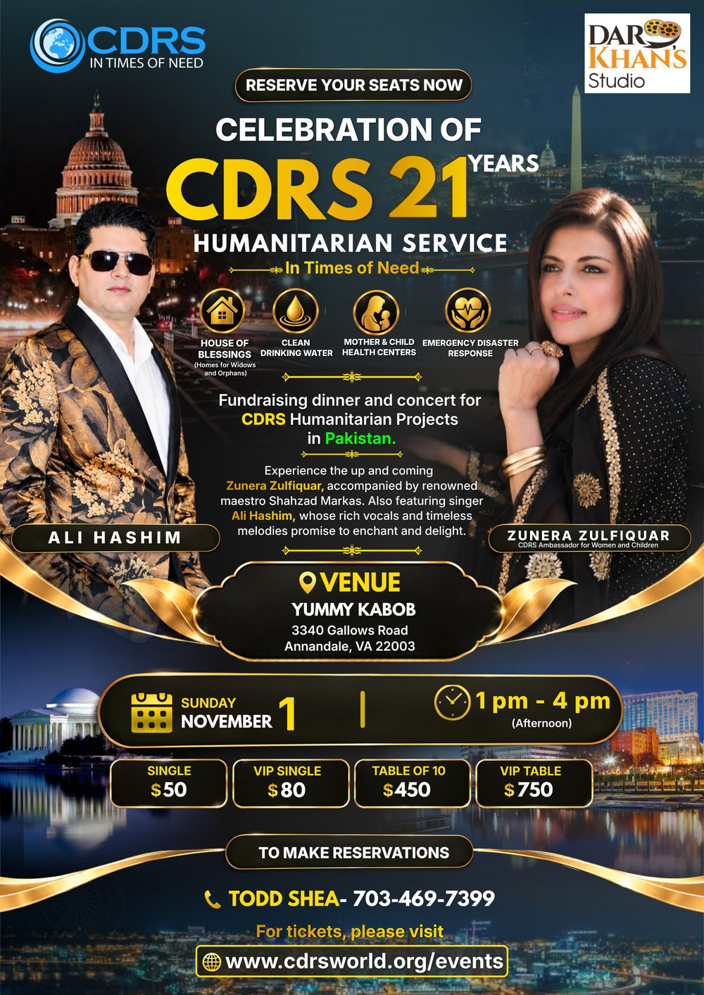 Flyer for the CDRS 21 years celebration at Yummy Kabob in Annandale, Virginia